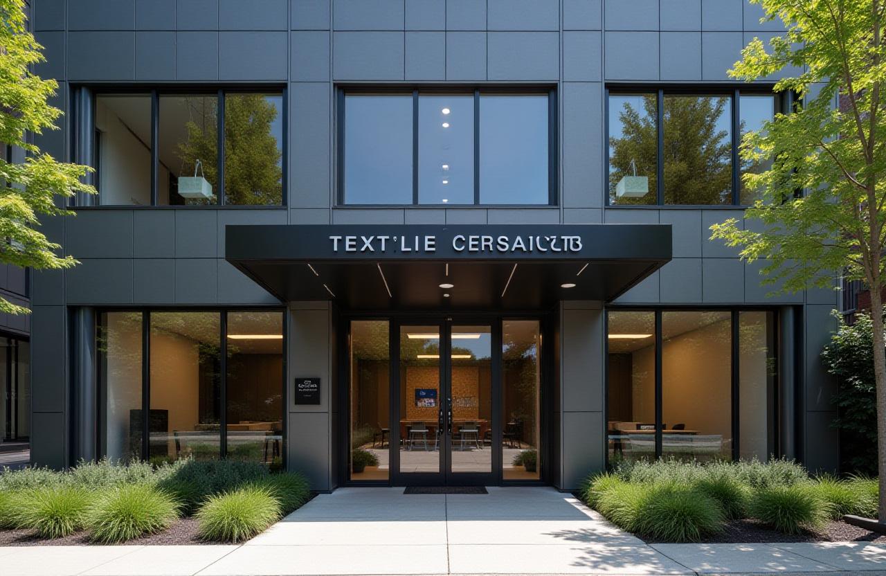 The modern exterior of the Textilia Creations studio building in Montréal.